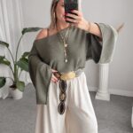 Haki Pamuk Yarasa Kol Crop Merserize Bluz