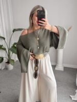 Haki Pamuk Yarasa Kol Crop Merserize Bluz