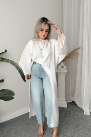 Ekru Tensel Asimetrik Tasarım Maxi Bluz - Görsel 4