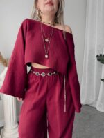 Bordo Organik Müslin Crop Bluz