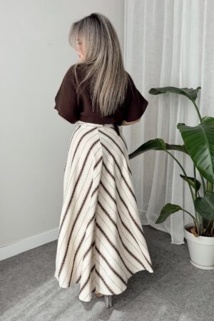 Çizgili Keten Kruvaze A Form Etek - Görsel 4