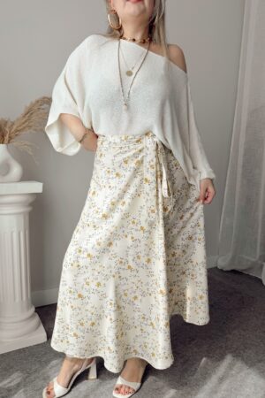 Krem Çiçekli A form Asimetrik Kruvaze Etek - Görsel 4