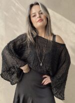 Siyah Faralya Keten Kayık Yaka Asimetrik Bluz | Premium Collection