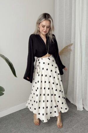 Puantiye Viskon Saten Kruvaze A Form Etek - Görsel 2