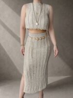 Premium Gold Metalik Triko Crop Etek Takım - Görsel 4