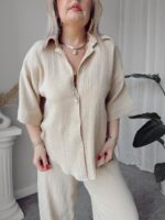 Bej Organik Pamuk Müslin Oversize Gömlek - Görsel 3