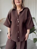 Acı Kahve Organik Pamuk Müslin Oversize Gömlek - Görsel 3