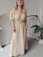 Bej Organik Müslin Off Shoulder Midi Elbise - Görsel 3
