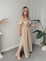Bej Organik Müslin Off Shoulder Midi Elbise - Görsel 2