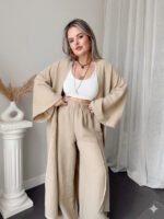 Bej Organik Pamuk Müslin Maxi Kimono - Görsel 2