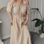 Bej Organik Müslin Off Shoulder Midi Elbise