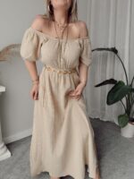 Bej Organik Müslin Off Shoulder Midi Elbise