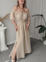 Bej Organik Müslin Off Shoulder Midi Elbise - Görsel 4