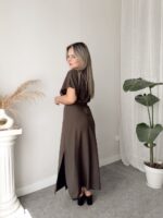 Kahve Keten Maxi Kruvaze Elbise - Görsel 3