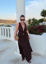 Kahve Keten Maxi Bağlamalı Exclusive Elbise PRE