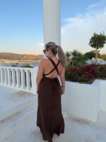 Kahve Keten Maxi Bağlamalı Exclusive Elbise PRE - Görsel 2