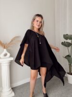 Siyah İpek Vual Oversize Asimetrik Pelerin - Görsel 7