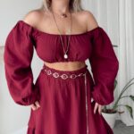 Bordo Organik Müslin Off Shoulder Crop Top