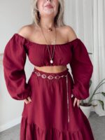 Bordo Organik Müslin Off Shoulder Crop Top