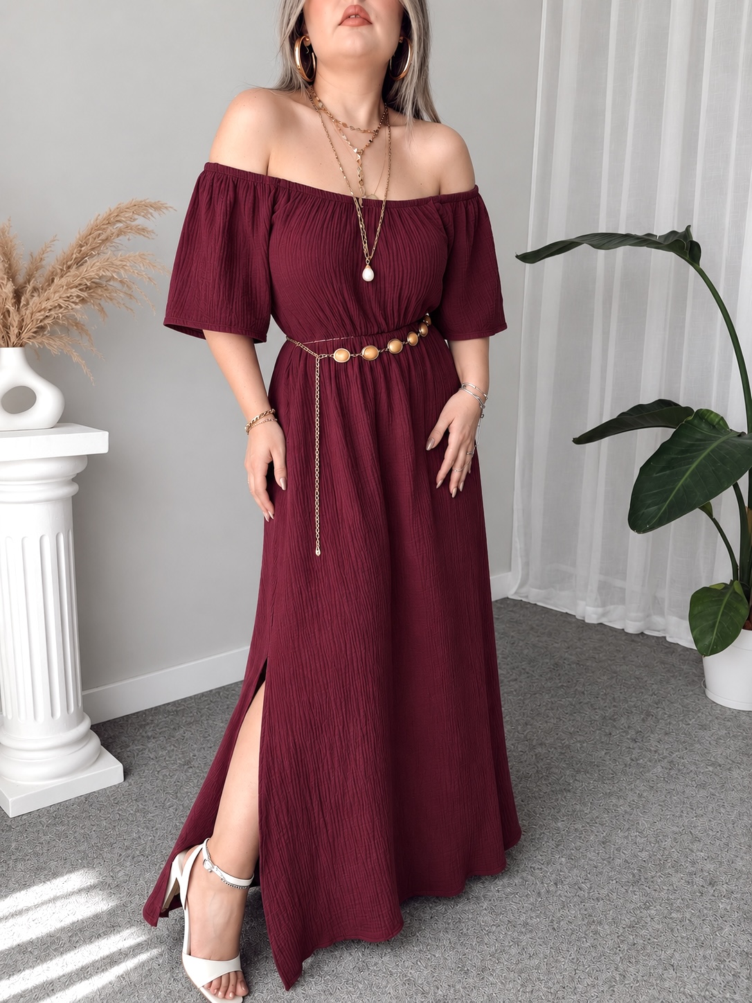57EE4FCA-E1DC-435D-9A60-C8AD4F9D5CD3 Bordo Organik Müslin Off Shoulder Midi Elbise | ÖN SİPARİŞTİR 5 İŞ GÜNÜNDE ÜRETİLİP GÖNDERİLİR - Görsel 1