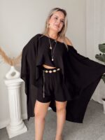 Siyah İpek Vual Oversize Asimetrik Pelerin - Görsel 4