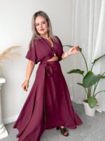 Bordo Keten Kruvaze A form Etek - Görsel 4