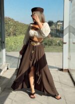 Kahve Keten Volanlı Maxi Asimetrik Etek - Görsel 2
