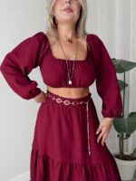 Bordo Organik Müslin Off Shoulder Crop Top - Görsel 2