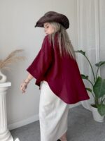 Bordo Organik Pamuk Müslin Oversize Gömlek - Görsel 3