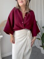 Bordo Organik Pamuk Müslin Oversize Gömlek - Görsel 2