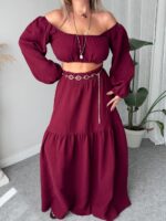 Bordo Organik Müslin Maxi Etek