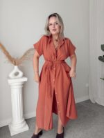 Gül Kurusu Keten Maxi Gömlek Elbise - Görsel 4