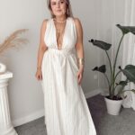 Kum Çizgili Keten Maxi Bağlamalı Exclusive Elbise