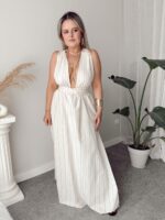 Kum Çizgili Keten Maxi Bağlamalı Exclusive Elbise