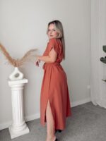 Gül Kurusu Keten Maxi Gömlek Elbise - Görsel 3
