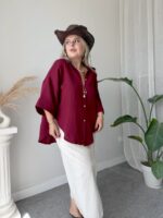 Bordo Organik Pamuk Müslin Oversize Gömlek - Görsel 6