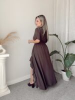Kahve Keten Volanlı Maxi Asimetrik Etek - Görsel 3
