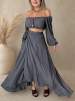 Antrasit Keten Off Shoulder Crop Top - Görsel 6