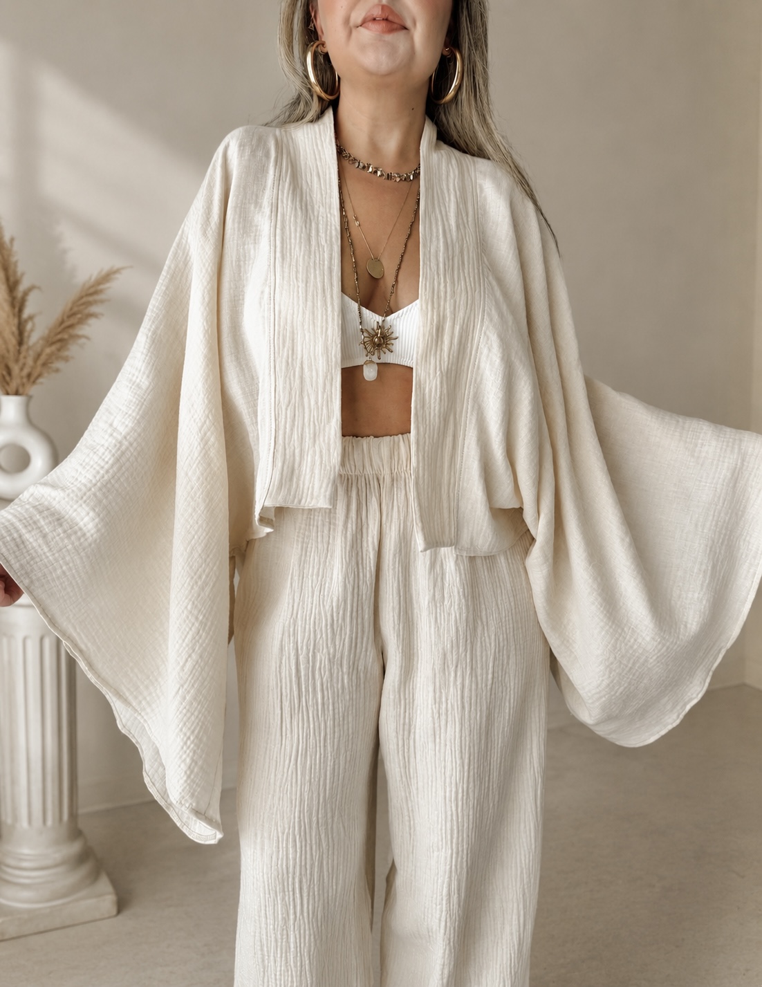 2CC0C5A4-1A83-4259-9E80-A8AB715A12B7 Vanilya Organik Müslin Yarasa Crop Kimono - Görsel 1