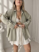 Su Yeşili Keten Oversize Uzun Gömlek