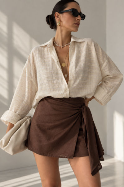 Gold İpli Natural Keten Oversize Gömlek | LIMITED EDITION