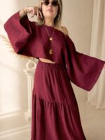 Bordo Müslin Kayık Crop Bluz - Görsel 4