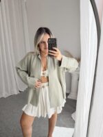 Su Yeşili Keten Oversize Uzun Gömlek - Görsel 3