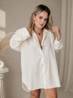 Ekru Keten Oversize Uzun Gömlek - Görsel 3