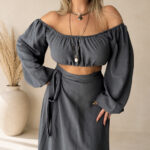 Antrasit Keten Off Shoulder Crop Top