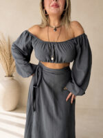 Antrasit Keten Off Shoulder Crop Top