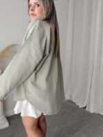 Su Yeşili Keten Oversize Uzun Gömlek - Görsel 2