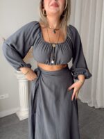 Antrasit Keten Off Shoulder Crop Top - Görsel 5