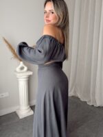 Antrasit Keten Off Shoulder Crop Top - Görsel 3
