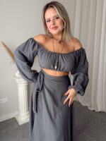 Antrasit Keten Off Shoulder Crop Top - Görsel 4